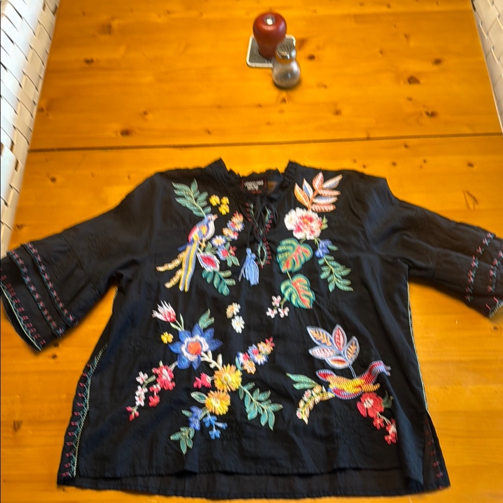 Johnny Was Black Embellished Blouse with 3/4 Sleeves
